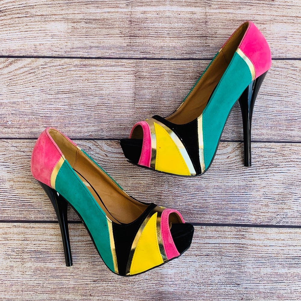 Qupid Multicolor Faux Suede Open Toe Heels